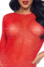 Load image into Gallery viewer, Sheer red rhinestone catsuit