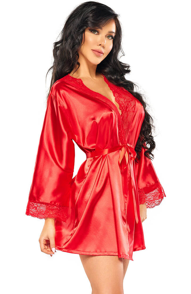 Red satin robe with lace - Penelope