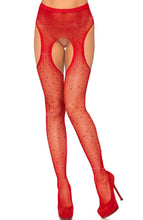 Load image into Gallery viewer, Red crystalized fishnet suspender pantyhose