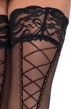 Load image into Gallery viewer, Sheer stay up stockings with faux lace-up backseam