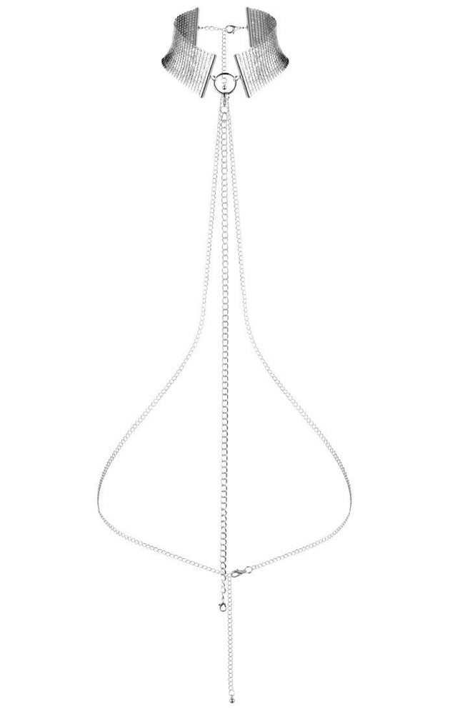 Silver metallic choker with silver body harness chain
