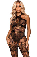 Load image into Gallery viewer, Black crotchless halter neck bodystocking - On Display