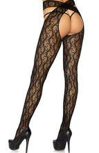 Load image into Gallery viewer, Black crotchless floral tights