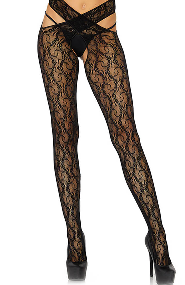 Black crotchless floral tights
