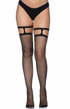 Load image into Gallery viewer, Black fishnet thigh highs with garter top