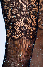 Load image into Gallery viewer, Rhinestone fishnet thigh high stockings