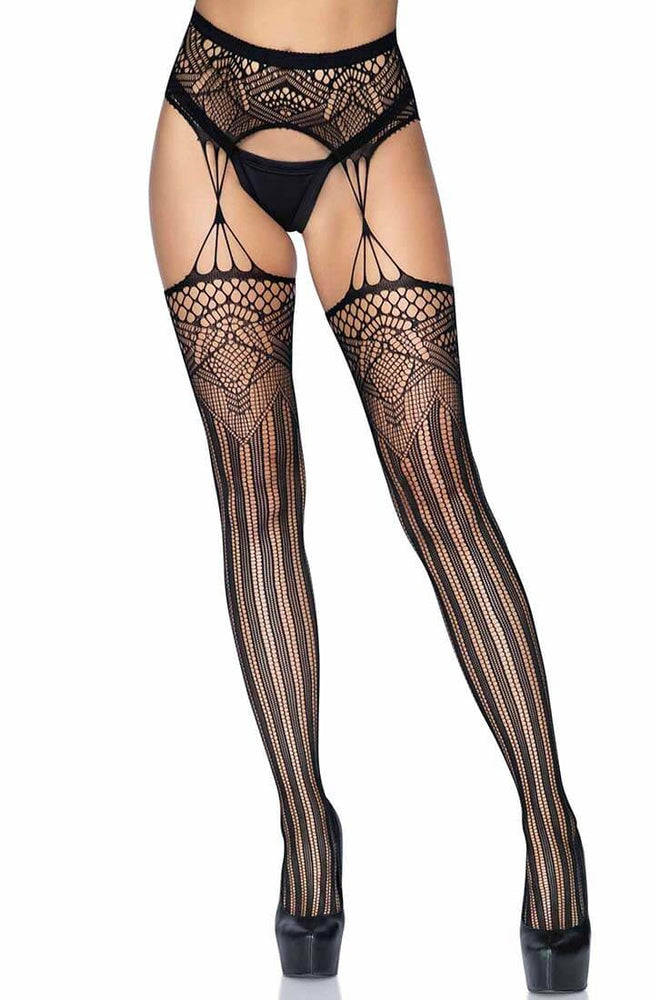 Black Deco net stockings with garter belt