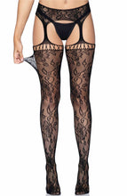 Load image into Gallery viewer, Black crotchless stockings with floral lace