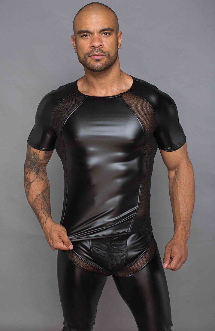 Black men's wet look pants with micro net inserts – COAXcopenhagen.com