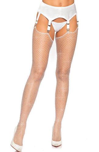 White fishnet stockings with rhinestones